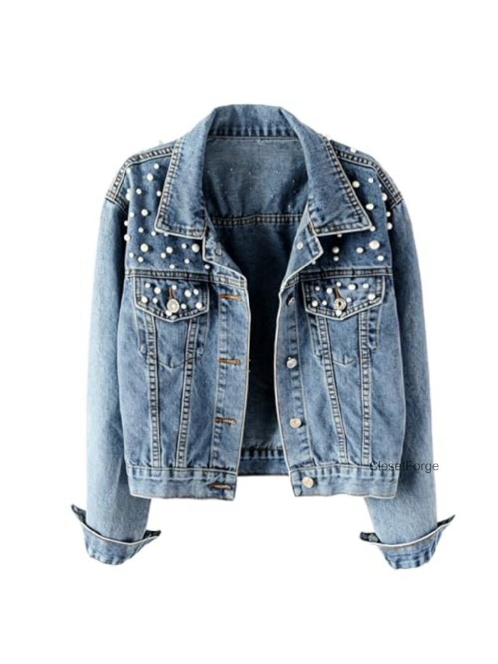 Women's Pearl Embroidered Denim Jacket Faux Pearl Accents